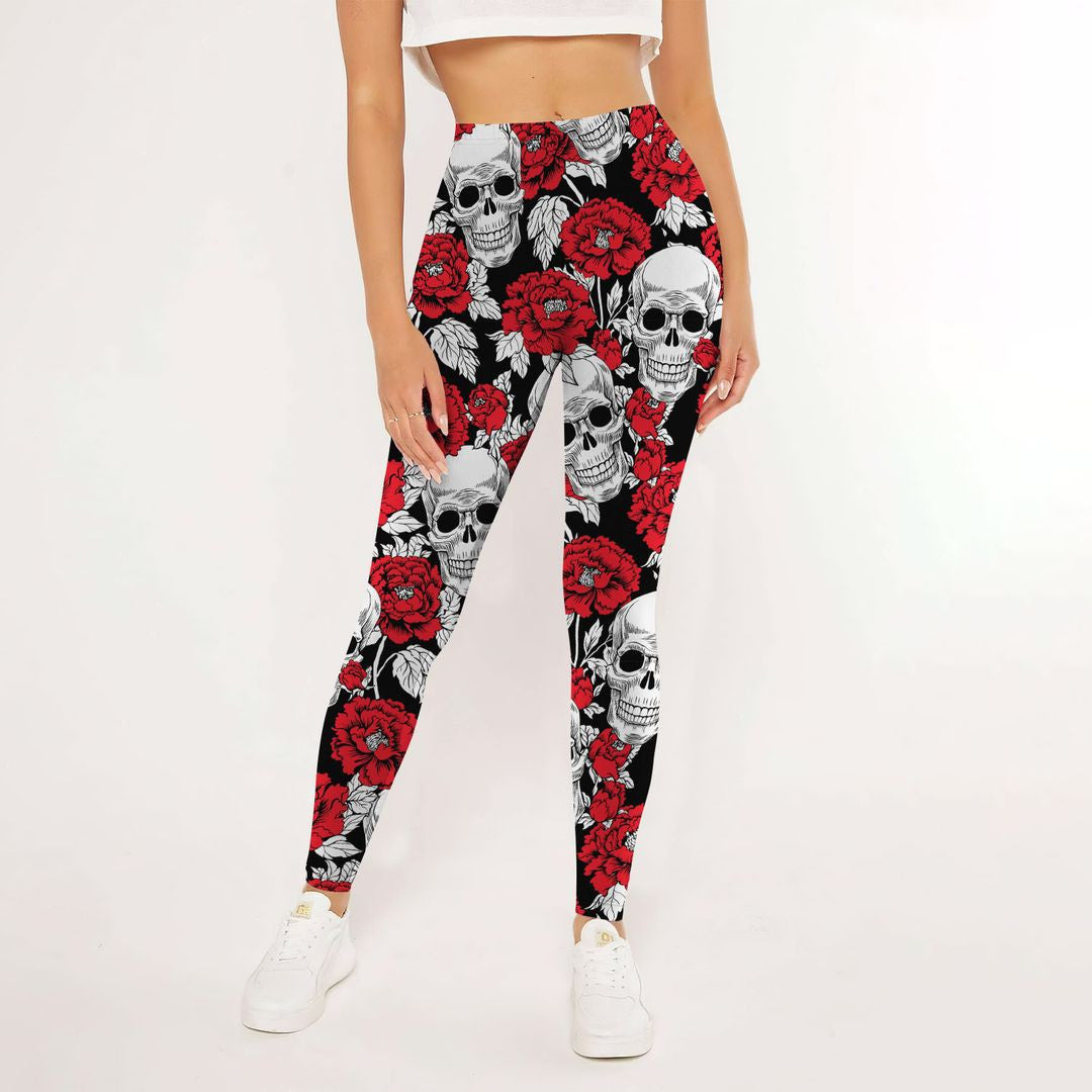 Red Peony Skull Leggings | Yoga Pants For Women | Spanx Leggings | Leggings For Women