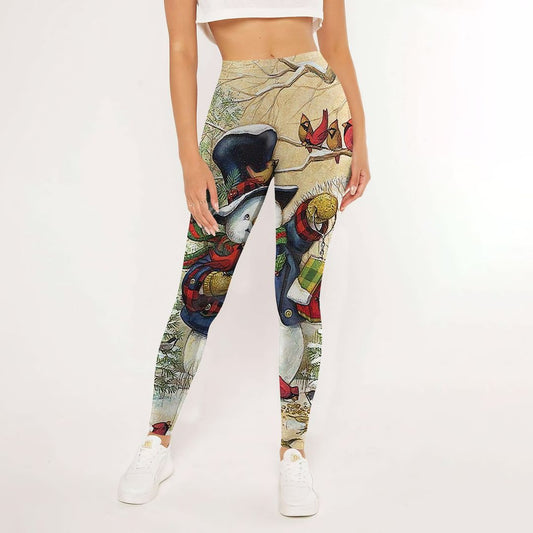 Snowman Snowman And Birds Leggings | Yoga Pants For Women | Spanx Leggings | Leggings For Women